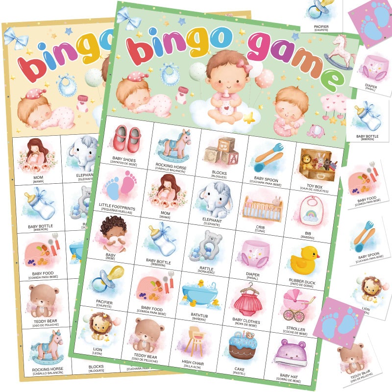 TAKEALOOKO Baby Shower Bingo Game Bilingual English Spanish Bingo Cards for 24 Players Gender Reveal Party Games for Baby Shower Activities Family Party Favors Supply - Image 3