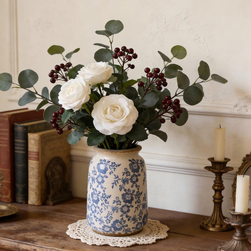 Ronasip Vintage Blue and White Chinoiserie Ceramic Vase, 6.9â€ Hand-Painted Peony Floral Design, Antique Style Vases for Home Decor, Centerpieces, Living Room, Balcony (Blue and White) - Image 3