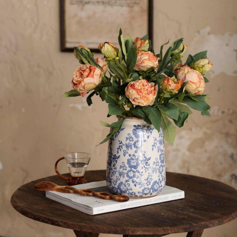 Ronasip Vintage Blue and White Chinoiserie Ceramic Vase, 6.9â€ Hand-Painted Peony Floral Design, Antique Style Vases for Home Decor, Centerpieces, Living Room, Balcony (Blue and White) - Image 2