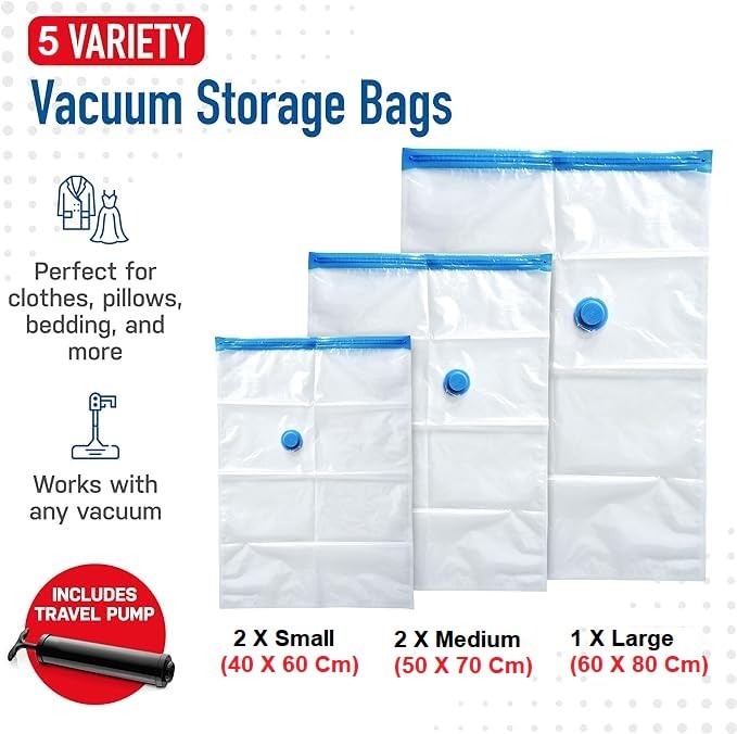Daesyn Deal Pack Of 5 Space Saver Reusable Vacuum Storage Ziplock Compression Sealer Bags for Travel clothes and home Blankets Quilts with hand Pump 2 Small 2 Medium 1 Large Hand Pump - Image 2