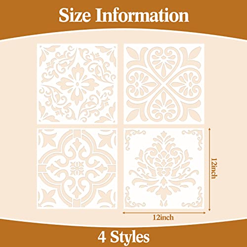 Zonon 4 Pieces Reusable Tile Stencil Floor 12 x 12 Inches Wall Templates Tile Pattern Stencil Drawing Templates for DIY Scrapbooks Wall Floor Fabric Decors(Flower Style) - Image 2