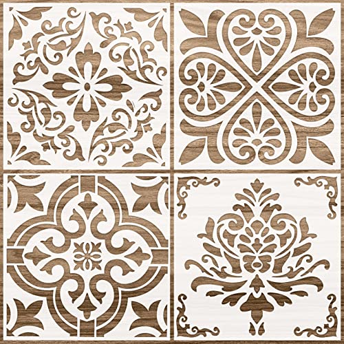 Zonon 4 Pieces Reusable Tile Stencil Floor 12 x 12 Inches Wall Templates Tile Pattern Stencil Drawing Templates for DIY Scrapbooks Wall Floor Fabric Decors(Flower Style) - Image 1