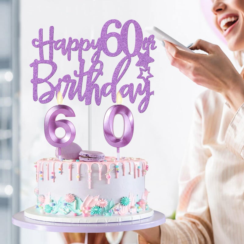 YeohJoy 60th Birthday Decorations for Women Purple with 60th Birthday Sash and Crown, Cake Topper and Candles, Number Balloons, 60 Year Old Gifts for Women - Image 4