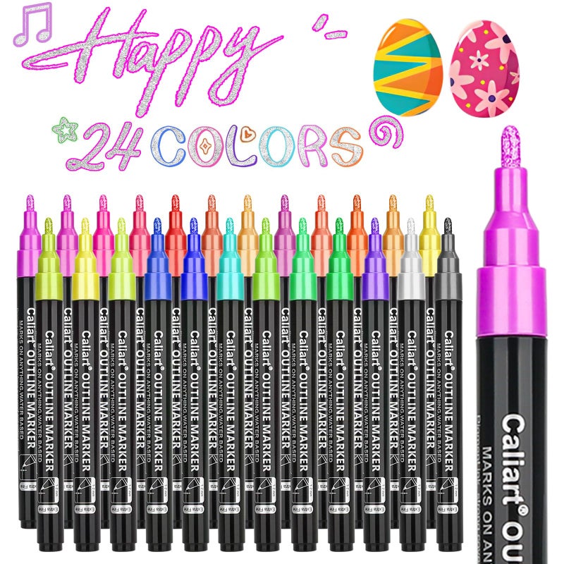 Caliart 24 Colors Outline Markers Shimmer Glitter Pens Doodling Marker Set for Adults Artists Cool Fun Craft Drawing Art Supplies