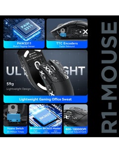 Attack Shark R1 59g Superlight Mouse with Ribbon, Wireless/Wired BT/2.4G Gaming Mouse, 6 DPI Adjustable up to 18000, 65 Hour Battery  - Image 5