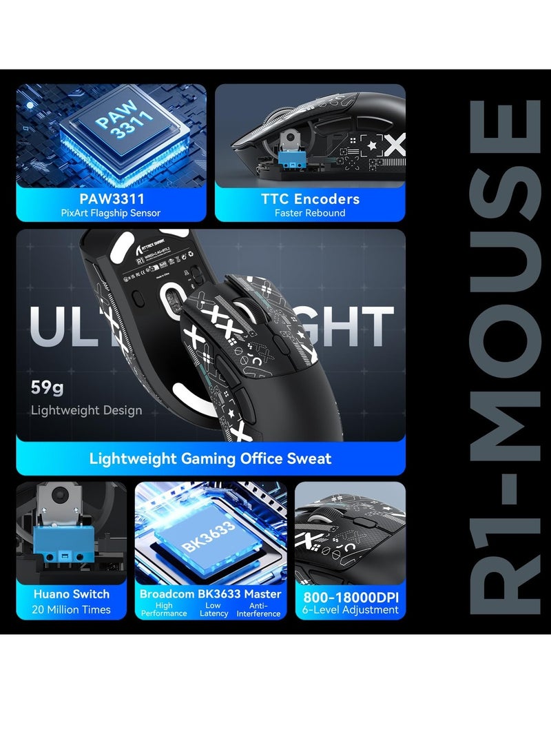 Attack Shark R1 59g Superlight Mouse with Ribbon, Wireless/Wired BT/2.4G Gaming Mouse, 6 DPI Adjustable up to 18000, 65 Hour Battery - Image 5