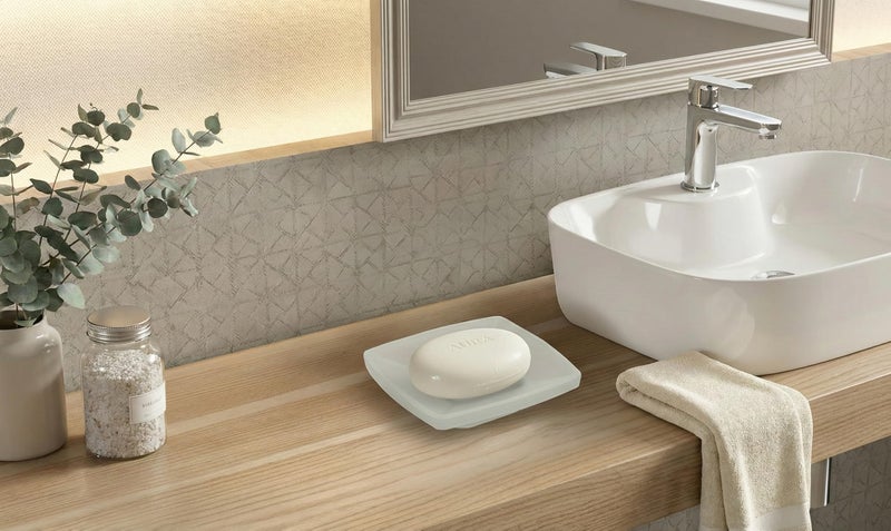 ORCE BATH ARTICLE Premium Frosted Glass Soap Dish with Table top soap Tray | Square Bathroom Soap Stand | Anti-Slip, Water Drain Design for Wash Basin, Shower & Kitchen Sink - Image 2