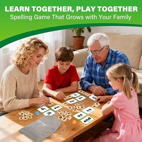 BenBen Family Spelling Games with 112 Flash Cards Wooden Letter Tiles CVC Sight Word Building Phonics Game for Kids Ages 4 Adults 14 Players Learning Toys for Home or Classroom - Image 5
