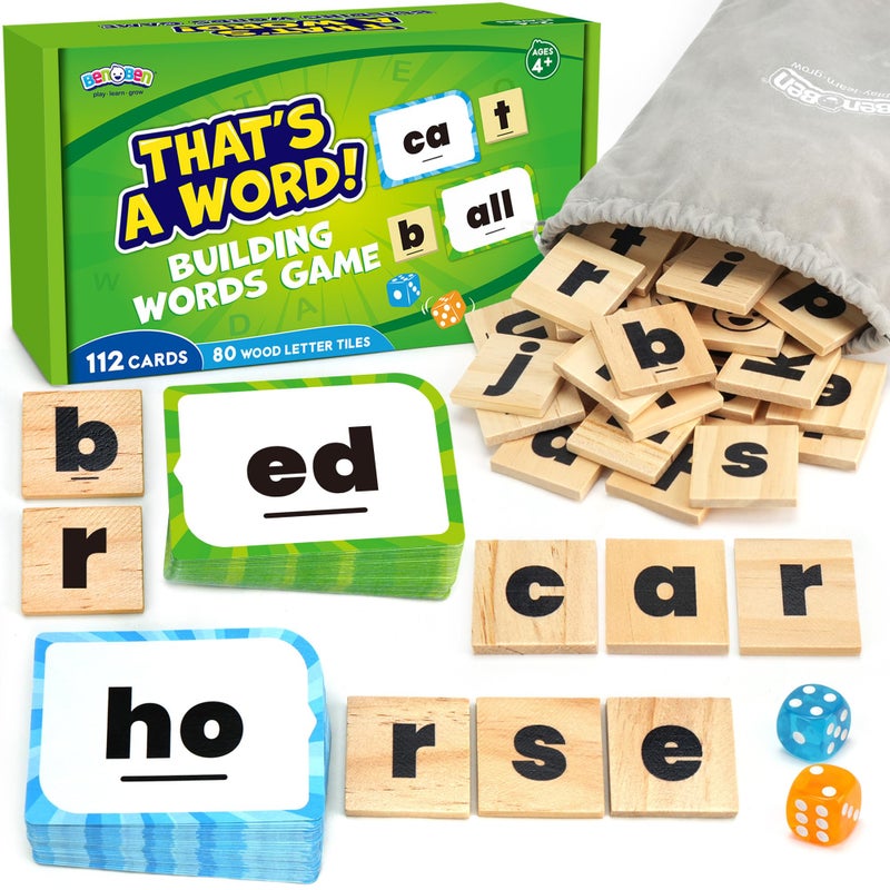 BenBen Family Spelling Games with 112 Flash Cards Wooden Letter Tiles CVC Sight Word Building Phonics Game for Kids Ages 4 Adults 14 Players Learning Toys for Home or Classroom - Image 3