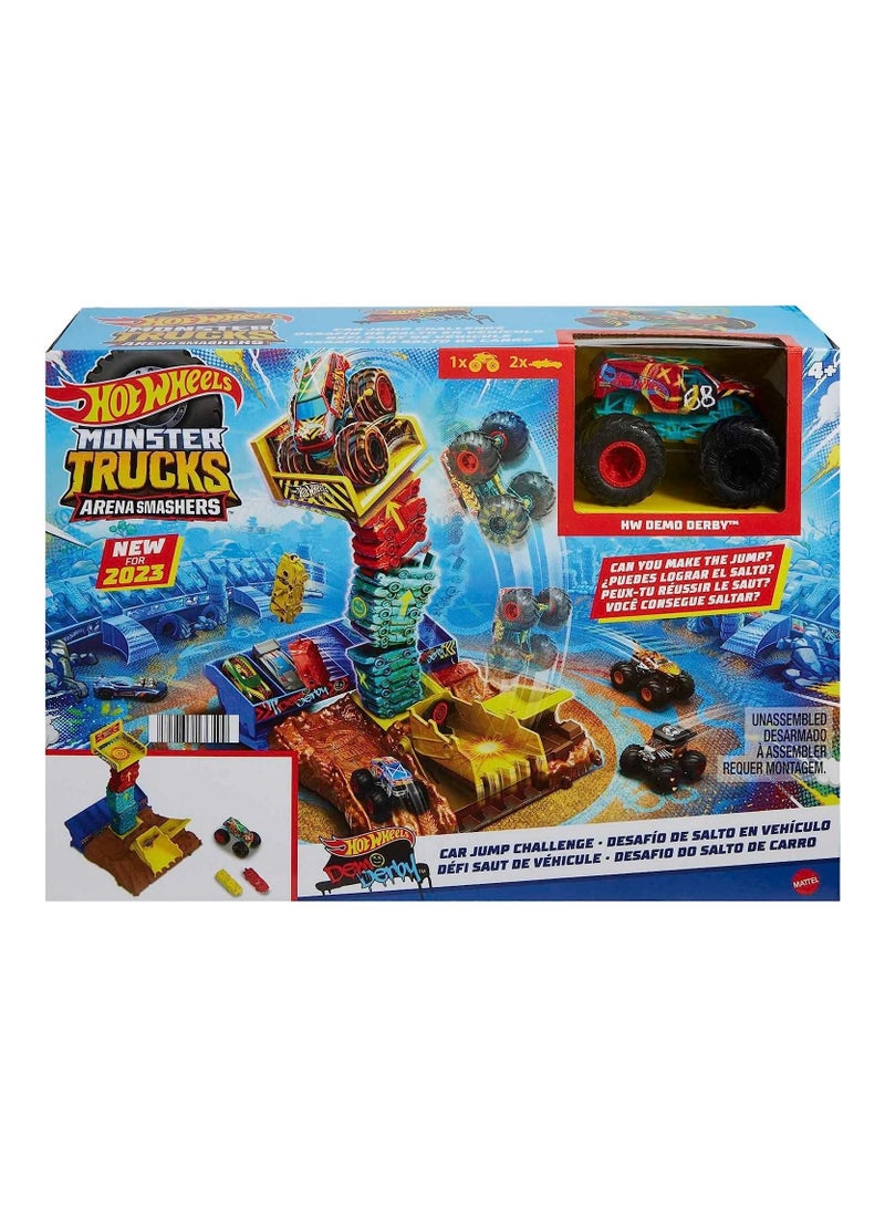Hot Wheels Monster Trucks Arena Smashers Demo Derby Car Jump Challenge Connectable Set with 1:64 Scale Demo Derby and 2 Crushable Car  - Image 1