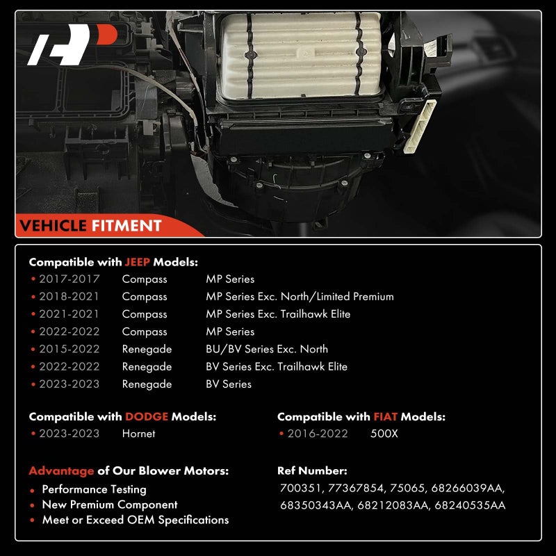 A-Premium HVAC Heater Blower Motor Assembly Compatible with Jeep, Fiat & Dodge Vehicles - Compass 2017-2022, Renegade 2015-2023, 500X 2016-2022, Hornet 2023 - Replace# 68212083AA, 68240535AA - Image 3