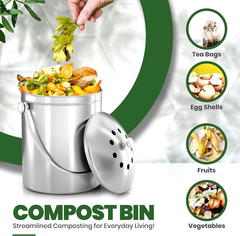 Utopia Kitchen Stainless Steel Compost Bin for Kitchen Countertop - 1.3 Gallon Compost Bucket Kitchen Pail Compost with Lid - Includes 1 Spare Charcoal Filter - Image 3