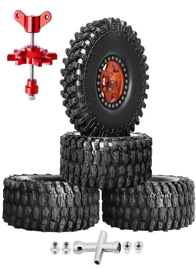 Hobbypark 1.9 Beadlock Wheels and Tires 120mm / 4.72inch Height and Mounting Install Tool for 1/10 RC Crawler with Foam Inserts,Set of 4 (Orange&Black) - Image 1