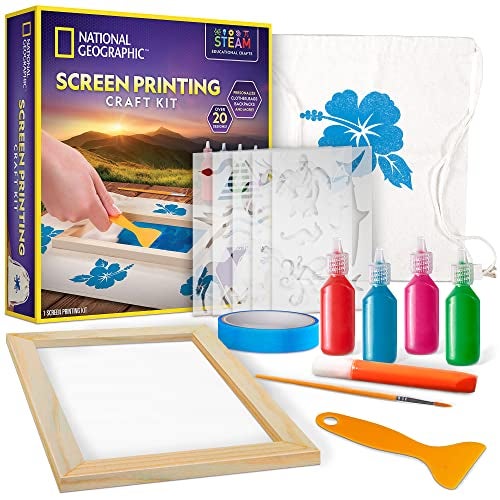 Blue Marble NATIONAL GEOGRAPHIC Kids Screen Printing Kit - Arts and Crafts Silk Screen Printing Kit with Fabric Paint, Frame, Stencils & Squeegee Plus Drawstring Bag & More, Screen Print, Silkscreening Kit - Image 1