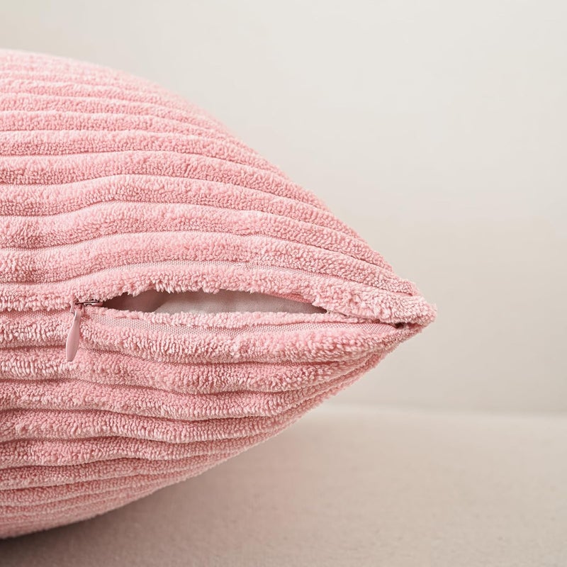 Volcanics Set of 4 Pink Corduroy Decorative Couch Throw Pillow Covers 18x18 Inch, Valentine's Day Farmhouse Striped Cushion Cases, Soft Boho Square Accent Pillow Covers for Home Sofa - Image 4