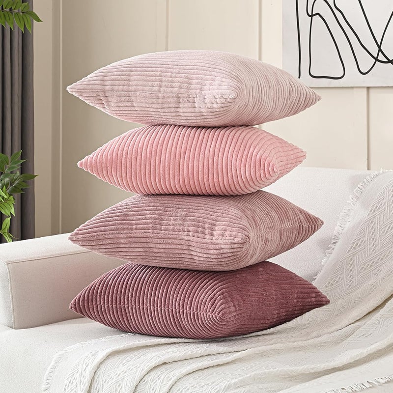 Volcanics Set of 4 Pink Corduroy Decorative Couch Throw Pillow Covers 18x18 Inch, Valentine's Day Farmhouse Striped Cushion Cases, Soft Boho Square Accent Pillow Covers for Home Sofa - Image 2