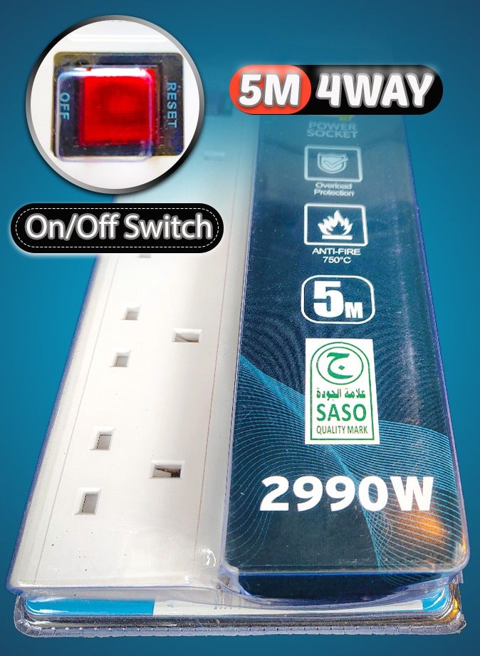 High Quality Ultra Durable 5 Meter 4-Way Extension Board with UK Pin | 13A Power 2990W | Push Button On/Off Switch | Overload Protection | Anti-Fire 750°C (White)  - Image 2