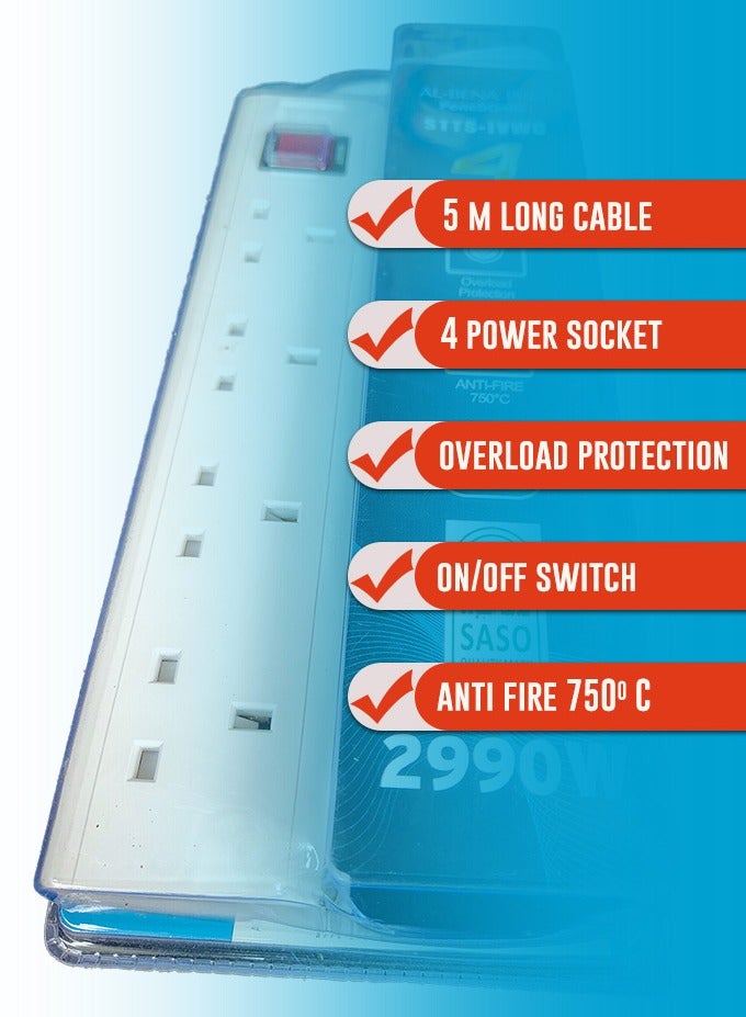لوحة تمديد كهربائية عالية الجودة ومتينة للغاية، بطول ٥ أمتار، بأربعة منافذ، مزودة بمقبس كهرباء بريطاني | طاقة ١٣ أمبير، ٢٩٩٠ واط | زر تشغيل/إيقاف | حماية من الحمل الزائد | مقاومة للحريق حتى ٧٥٠ درجة مئوية (أبيض) - Image 2