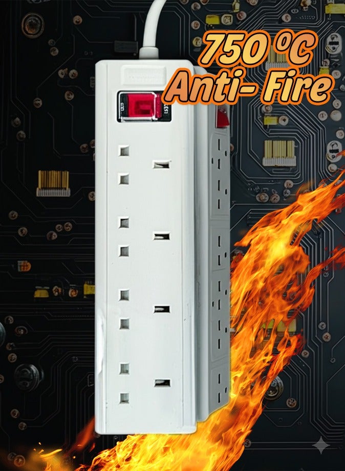 لوحة تمديد كهربائية عالية الجودة ومتينة للغاية، بطول ٥ أمتار، بأربعة منافذ، مزودة بمقبس كهرباء بريطاني | طاقة ١٣ أمبير، ٢٩٩٠ واط | زر تشغيل/إيقاف | حماية من الحمل الزائد | مقاومة للحريق حتى ٧٥٠ درجة مئوية (أبيض) - Image 4