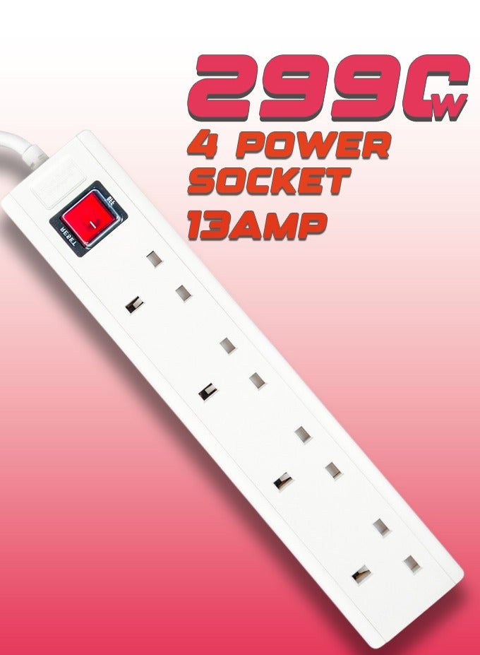 لوحة تمديد كهربائية عالية الجودة ومتينة للغاية، بطول ٥ أمتار، بأربعة منافذ، مزودة بمقبس كهرباء بريطاني | طاقة ١٣ أمبير، ٢٩٩٠ واط | زر تشغيل/إيقاف | حماية من الحمل الزائد | مقاومة للحريق حتى ٧٥٠ درجة مئوية (أبيض) - Image 3