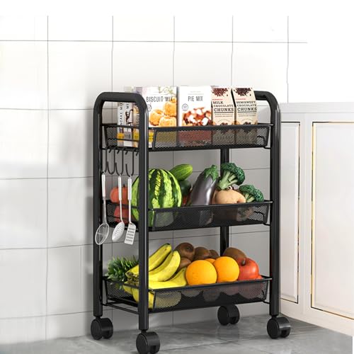 LiveCool Mesh Vegetable Stand Steel, 3 Tier Onion Potato Rack for Storage, Metal Kitchen Trolley with Wheels, Trolley Rack for Kitchen, Living Room, Bedroom, Black (KT02-B3) - Image 1