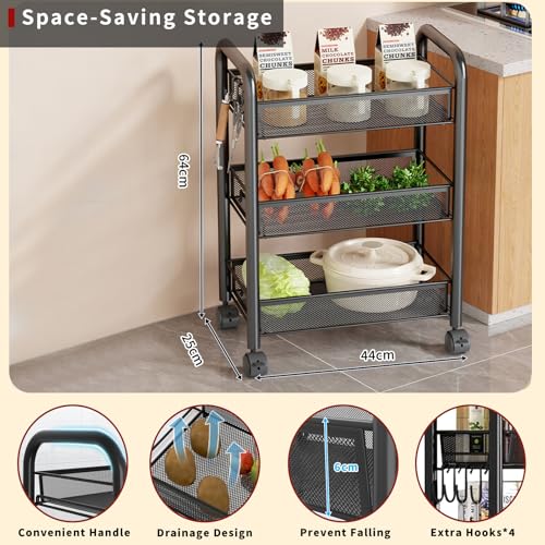 LiveCool Mesh Vegetable Stand Steel, 3 Tier Onion Potato Rack for Storage, Metal Kitchen Trolley with Wheels, Trolley Rack for Kitchen, Living Room, Bedroom, Black (KT02-B3) - Image 2
