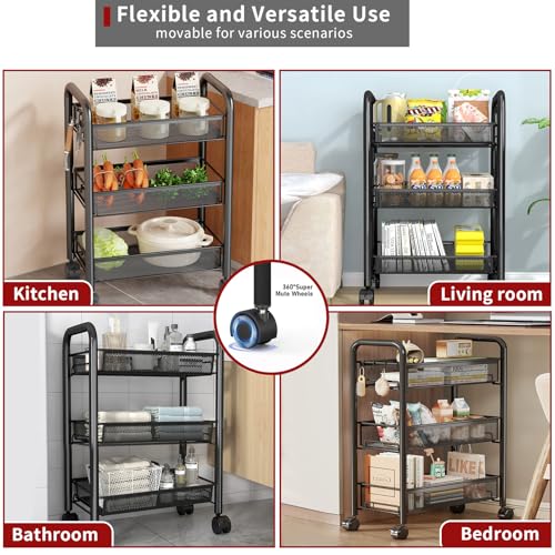 LiveCool Mesh Vegetable Stand Steel, 3 Tier Onion Potato Rack for Storage, Metal Kitchen Trolley with Wheels, Trolley Rack for Kitchen, Living Room, Bedroom, Black (KT02-B3) - Image 4