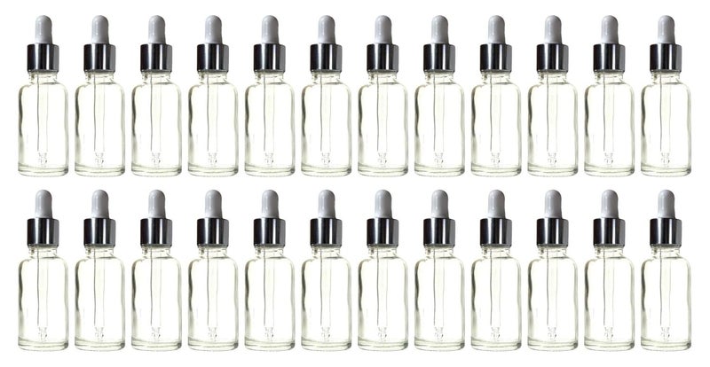 VOW 30 ML Transparent Round Empty Glass Bottle Glass Dropper Silver Ring Silicone White Teat Refillable Reusable Leak Proof for Essential Oils PerfumesPack of 24 - Image 1