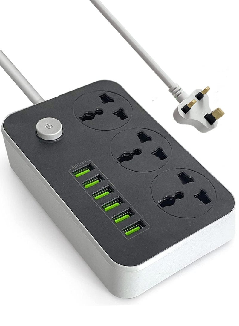 Power Strip Extension Cord – 3 Outlets, 6 USB Ports (QC3.0 Fast Charging) | 2500W, 10A Max | Universal Charging Socket with 2M Heavy-Duty Cable for Home, Office & Travel  - Image 1
