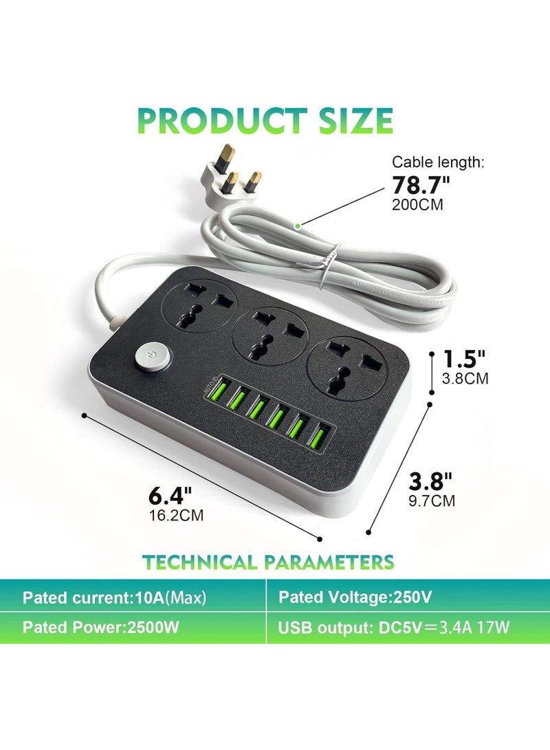 Power Strip Extension Cord – 3 Outlets, 6 USB Ports (QC3.0 Fast Charging) | 2500W, 10A Max | Universal Charging Socket with 2M Heavy-Duty Cable for Home, Office & Travel  - Image 4
