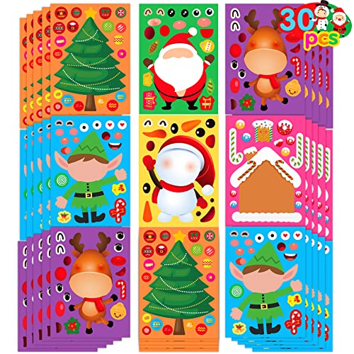 Joy Bang Christmas Stickers for Kids 30 Sheets Make Santa Snowman Face Stickers Christmas Crafts for Kids Xmas Activities Games Xmas Party Favors Supplies Stocking Stuffers - Image 1
