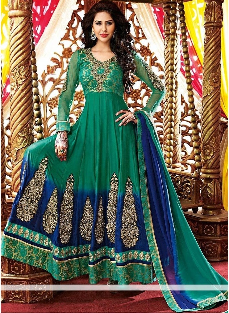 BELA Women's Semi Stitched Embroidered Teal and Royal Blue Ombre Anarkali Gown with Gold Zari Work - Image 1