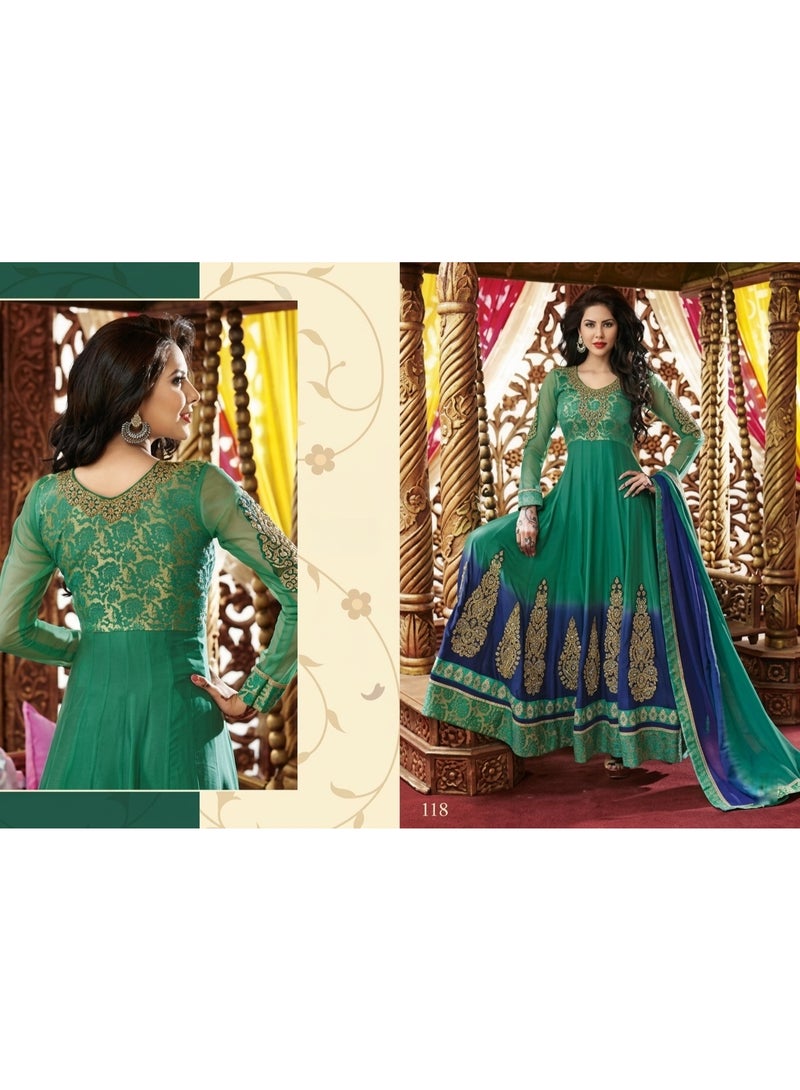 BELA Women's Semi Stitched Embroidered Teal and Royal Blue Ombre Anarkali Gown with Gold Zari Work - Image 2