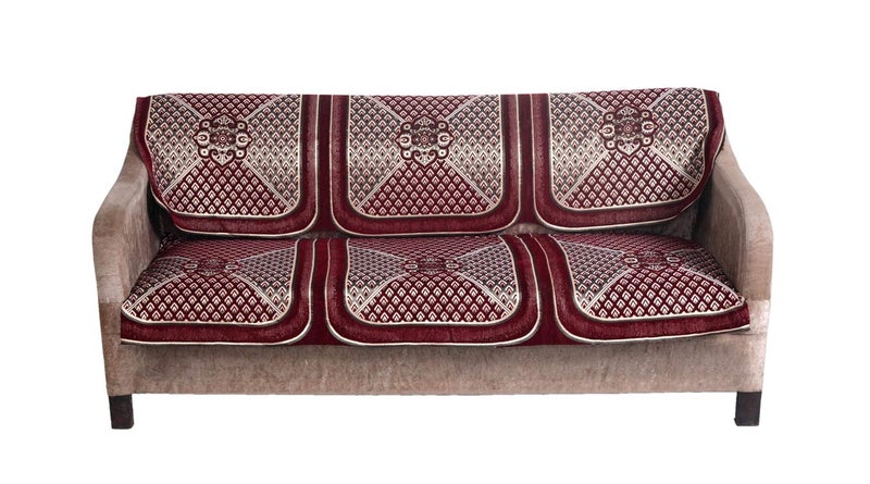 Nendle Jacquard Weaved Velvet 3 Seater Sofa Cover (Maroon) - Set of 2 Pieces - Image 1