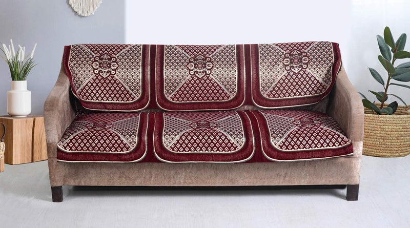 Nendle Jacquard Weaved Velvet 3 Seater Sofa Cover (Maroon) - Set of 2 Pieces - Image 2