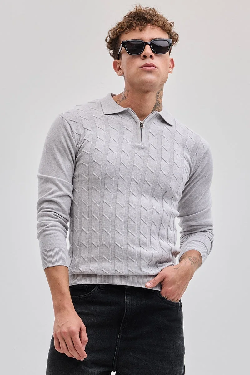 SNITCH Light Grey Zipper Knitted Polo T-Shirt