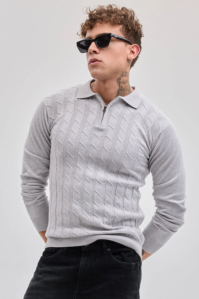 SNITCH Light Grey Zipper Knitted Polo T-Shirt
