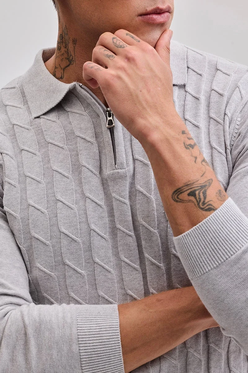 SNITCH Light Grey Zipper Knitted Polo T-Shirt