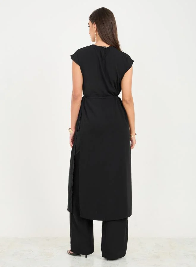 ستايلي Solid Round Neck Longline Top and Wide Leg Pant Set