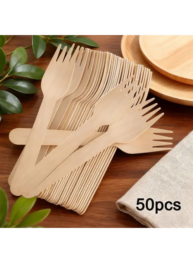 Disposable Wooden Forks 50 Pieces Wood Color For Parties Weddings Camping - Image 1
