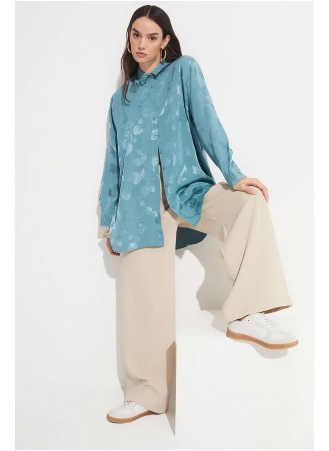 جون June Exclusive Self Patterned 100% Viscose Shirt Teal