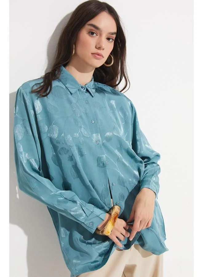 JUNE June Exclusive Self Patterned 100% Viscose Shirt Teal