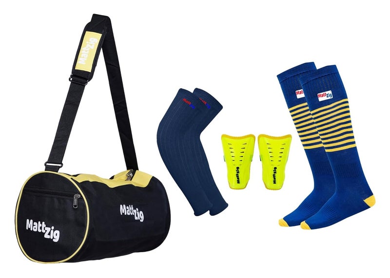 MATTZIG ® Striped Soccer Kit - Lycra Socks + Shin Guards + Arm Sleeves + Kit Bag (Yellow, Blue) - Image 1
