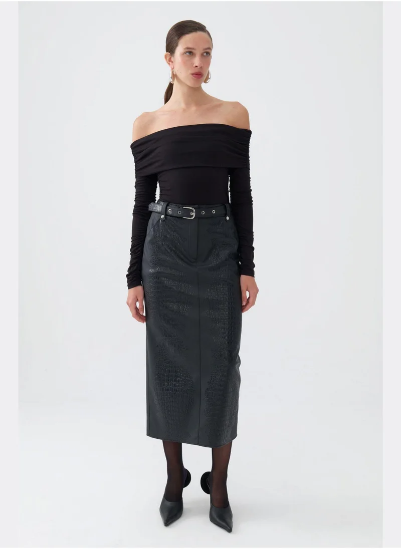 Nocturne Eyelet Belted Midi Skirt