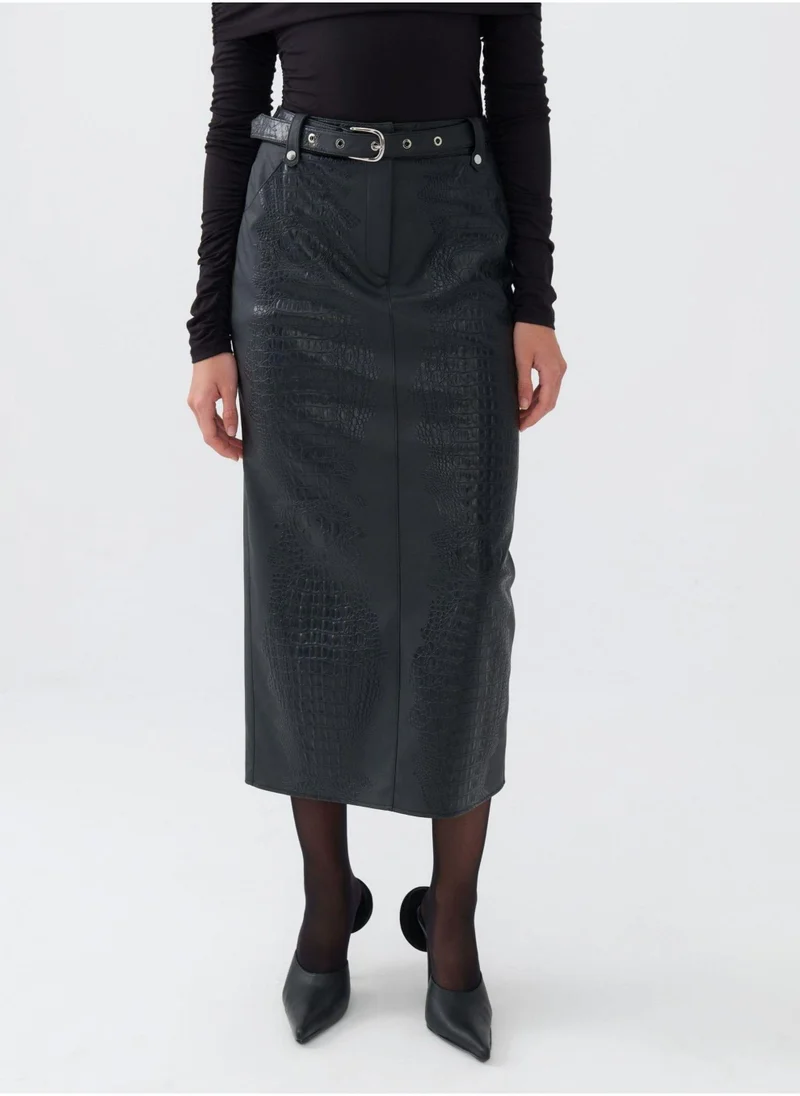 Nocturne Eyelet Belted Midi Skirt