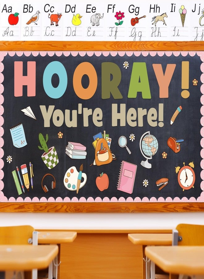 Mooliwe 67 Pcs Back to School Bulletin Board Hooray You're Here Decoration Set Retro Groovy Cutouts for Elementary Preschool Back to School Wall Decoration Teachers Supplies - Image 1