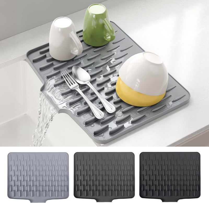 CHIKILLA Silicone Dish Drying Mat for Kitchen Counter, Fast Drainage Design for Vegetables Fruits, Heat Resistant, Non-Slip , Dishwasher Safe – 15.7x13 inch Silk Gray - Image 1