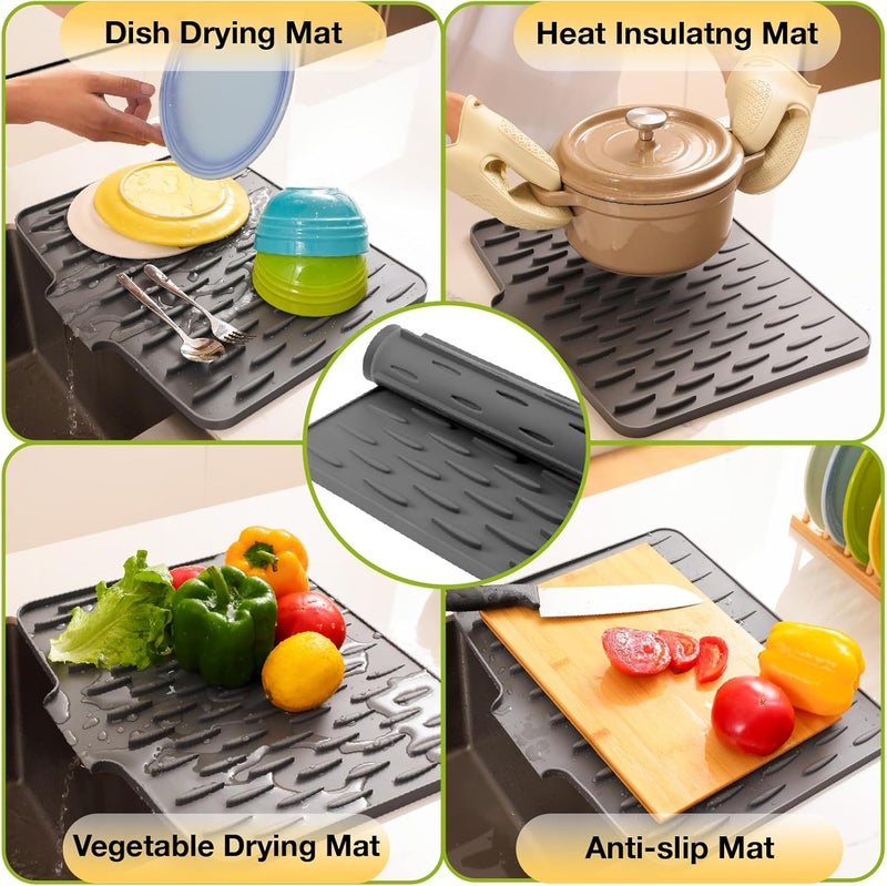 CHIKILLA Silicone Dish Drying Mat for Kitchen Counter, Fast Drainage Design for Vegetables Fruits, Heat Resistant, Non-Slip , Dishwasher Safe – 15.7x13 inch Silk Gray - Image 3
