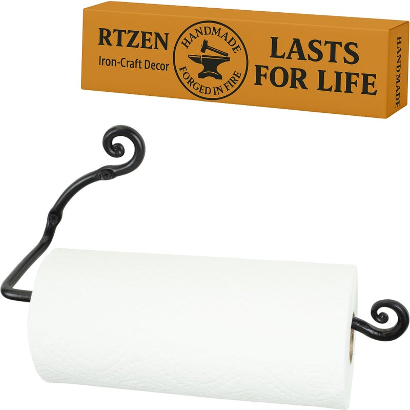 RTZEN Horizontal Black Paper Towel Holder - Handcrafted Rustic Metal Decorative Wrought Iron Decor - Farmhouse Wall Mount Paper Towel Holder for Kitchen or Bathroom - Image 1