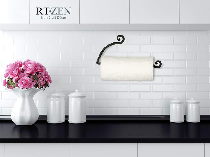 RTZEN Horizontal Black Paper Towel Holder - Handcrafted Rustic Metal Decorative Wrought Iron Decor - Farmhouse Wall Mount Paper Towel Holder for Kitchen or Bathroom - Image 2